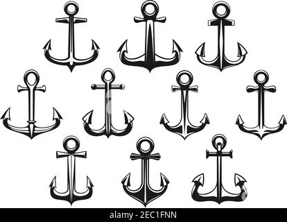 Retro decorative ship anchors icons. Black silhouettes of stocked anchors for navy heraldry, tattoo or nautical symbol design Stock Vector