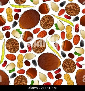 Nuts, seeds and beans seamless pattern with walnuts and almonds, coffee beans and peanuts, hazelnuts and pistachios, sunflower and pumpkin seeds, comm Stock Vector