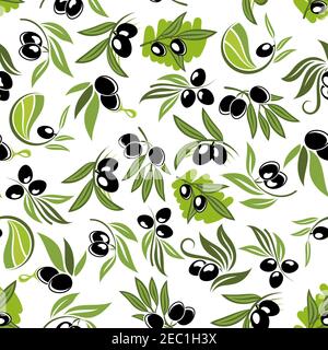 Olive branches seamless pattern with black fruits, green leaves and oil drops on white background. Healthy vegetarian food pattern and kitchen interio Stock Vector