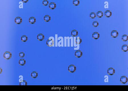 An abstract portrait of multiple round air bubbles hanging on a glass container full of water with a blue background. The bubbles are perfect circles. Stock Photo