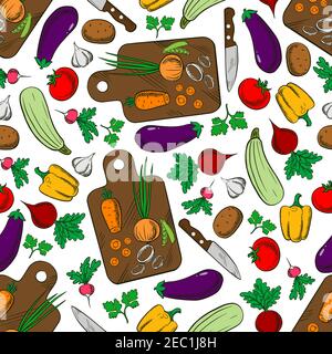 Vegetarian spring salad seamless pattern of wooden cutting boards with knives and fresh carrots, onions and tomatoes, potatoes and bell peppers, eggpl Stock Vector
