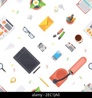 Workplace objects seamless pattern with stationery lamp and coffee flat isolated vector illustration Stock Vector