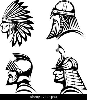 Ancient warriors in helmets icons with profiles of medieval knight, bearded viking soldier, japanese samurai and native american indian in feather hea Stock Vector