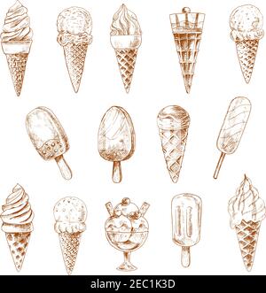 Sketches of ice cream cones and fruity popsicles, chocolate covered ice cream on stick and ice cream sundae desserts topped with fresh berries, carame Stock Vector