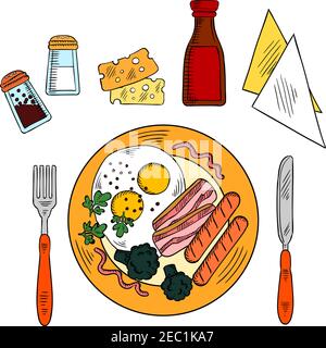 Traditional breakfast colored sketch icon of fried eggs and bacon, grilled sausages and broccoli vegetables, served with sliced cheese, seasonings, ke Stock Vector