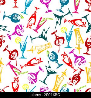 Colorful seamless pattern of bright sketched cocktails, decorated by cherries, lemons and limes fruits, umbrellas and drinking straws on white backgro Stock Vector