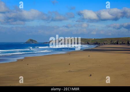 Ligger Point and Perran Beach, Perranporth, Cornwall. Perran Beach stretches for 2 miles and is a popular surfing beach. Stock Photo