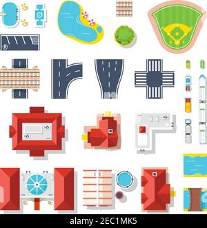 Top view set of houses pools vehicles road junctions and other city elements isolated vector illustration Stock Vector