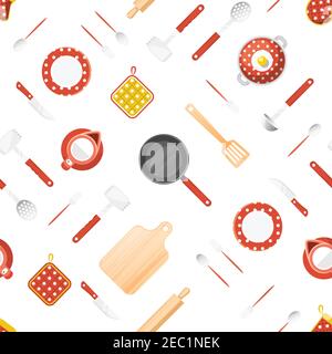 Kitchen utensils seamless pattern with teapot and frying pan flat isolated vector illustration Stock Vector