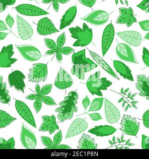 Spring foliage background with seamless pattern of green leaves of oak and maple, chestnut, birch and willow trees. Wallpaper, nature or fabric orname Stock Vector