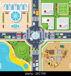 Big crossroad divided city on four parts buildings construction and pond top view flat poster vector illustration Stock Vector