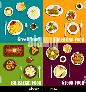 Greek cuisine dish icons with vector meat, vegetable and dessert food ...