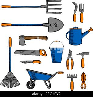 Garden tools for gardening and agriculture design with colored sketches of shovel, pitchfork and axe, saw and knife, watering can, wheelbarrow, bucket Stock Vector