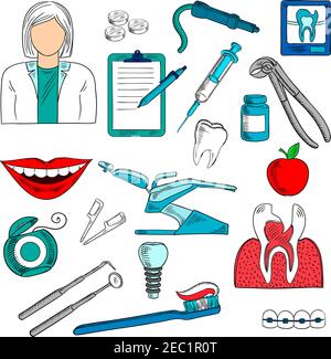 Female dentist with tools and dentist equipment as chair and pills, syringe, cross section and x ray of cracked or carious teeth, toothbrush and floss Stock Vector