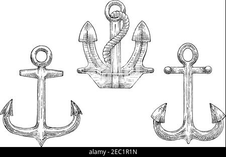 sketched navy ship anchors symbols with stockless and admiralty anchors decorated by twisted rope great for tattoo naval heraldry or marine travel 2ec1r1n