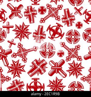 Ancient religion crosses seamless background with red pattern of christian crucifixes of catholic, orthodox, lutheran and anglican churches. Religion, Stock Vector