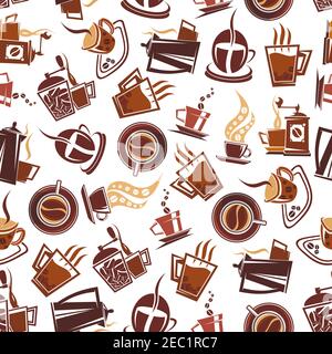 Brown coffee seamless pattern of cups of fresh brewed coffee, retro mills and pots, adorned by coffee beans. Use in coffee shop or cafe menu design or Stock Vector