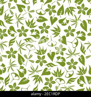 Retro seamless foliage pattern with pale green leaves of aloe vera, bamboo, clover, exotic palms, ginkgo biloba and christmas poinsettia over white ba Stock Vector