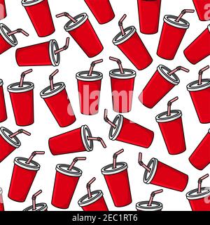 Fast food soft drink background with seamless pattern of red paper cups of sweet soda beverage and striped drinking straws. Takeaway menu background o Stock Vector
