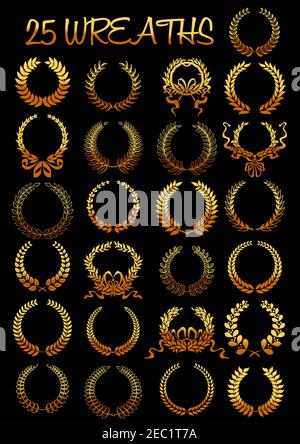 Glowing golden laurel wreaths heraldic elements composed of gold branches tied with twisted ribbons and bows. Heraldry and coat of arms, sporting achi Stock Vector