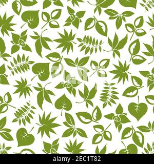 Green foliage seamless pattern of delicate leaves with stems of trees, bushes and herbs. For retro stylized wallpaper, nature background or scrapbook Stock Vector