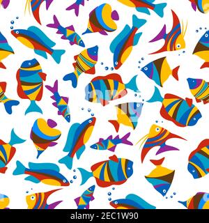 Vivid underwater world background with seamless pattern of school of bright exotic fishes with colorful stripes. Nature, tropical vacation, marine con Stock Vector