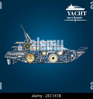 Yacht mechanics scheme with motor boat formed of engine parts and anchor, helm and propeller, rudder and portholes, steering system and engine order t Stock Vector