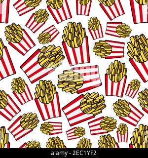 Takeaway french fries cartoon background with seamless pattern of white and red striped paper boxes of fried potatoes. Fast food cafe, textile print o Stock Vector