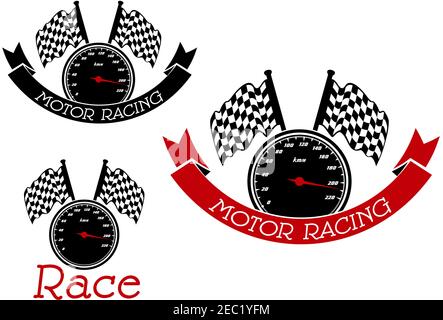 Speedometer with checkered race flags symbols for race sport and motor racing competition design, adorned by black and red ribbon banners Stock Vector