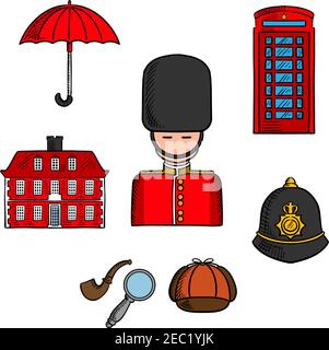 Traditional symbols and travel landmarks of London icon with queens guard soldier, umbrella, red telephone booth and brick house, police custodian hel Stock Vector