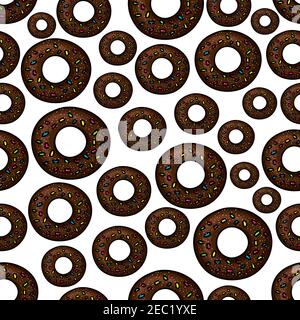 Seamless extremely dark chocolate doughnuts pattern with fast food deep fried donuts, topped with rainbow sprinkles and sugar powder over white backgr Stock Vector