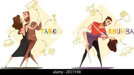 Dancing tango and rhumba couples 2 retro cartoon templates with web style accessories icons isolated vector illustration Stock Vector