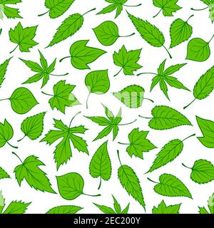 Decorative seamless spring nature pattern with ornament of sunny green young tree leaves randomly scattered over white background. May be used as retr Stock Vector