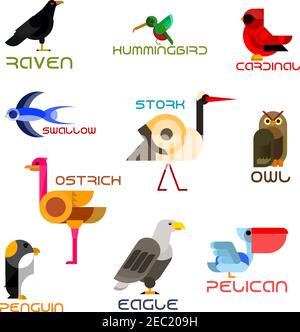 Owl, eagle, swallow, pelican, hummingbird, penguin, ostrich, raven, cardinal, stork colorful birds flat icons. Cartoon wild, forest, aquatic, tropical Stock Vector