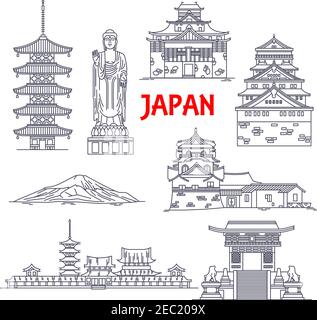 Architecture, religion and nature travel landmarks of Japan icon with mount Fuji, Ushiku Great Buddha, pagoda of Horyuji temple, imperial palace, Osak Stock Vector