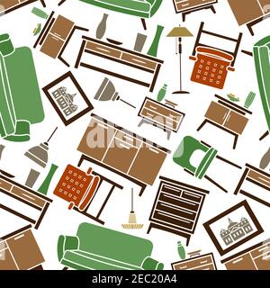 Retro flat interior design elements and pieces of furniture seamless pattern with green sofas, chairs, orange armchairs, wooden chests of drawers and Stock Vector