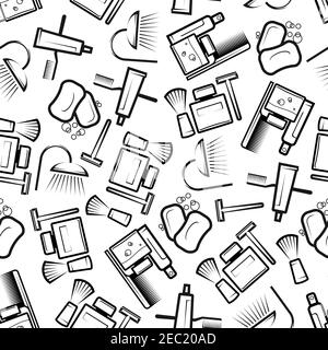 Seamless hygiene and bathroom accessories pattern with outline silhouettes of soap bars, shower heads, toothbrushes and toothpaste, shaving items, sha Stock Vector