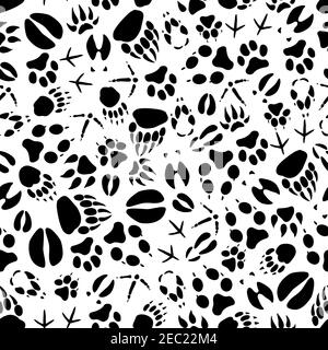Animal tracks black and white background with seamless footprints of birds and mammals pattern. Wildlife backdrop or tracking and hunting theme design Stock Vector