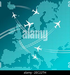 Air travel and tourism design for transportation industry, vacation planning, business trip concept with white silhouettes of airplanes flying over ab Stock Vector