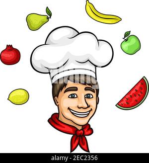 Attractive young chef cartoon character, wearing white cook hat and red neckerchief, with summer fresh apple, pear, banana, lemon, pomegranate and wat Stock Vector