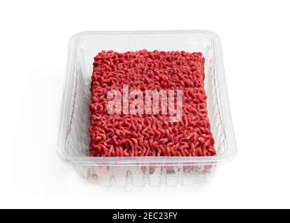 Raw minced  beef in plastic pack isolated on white Stock Photo