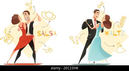 Dancing waltz and salsa couples 2 retro cartoon templates with traditional outlined accessories icons isolated vector illustration Stock Vector