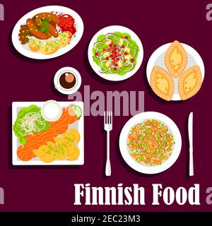 FIsh and meat dishes of finnish cuisine with flat icons of smoked salmon, served with fried potatoes and garlic sauce, cabbage stew, blood sausages wi Stock Vector