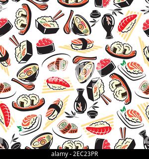Authentic japanese cuisine seamless pattern on white background with seafood rice, sushi rolls with avocado and red caviar, tuna and salmon nigiri sus Stock Vector