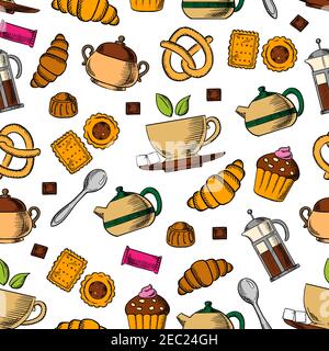 Retro seamless tea and sweets pattern with porcelain cups of fresh tea, chocolate, croissants, cupcakes, cookies, pretzels, candies, teapots and sugar Stock Vector