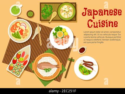Japanese seafood dinner flat icon with variety of sushi with salmon, tuna, red caviar and sashimi with wasabi, noodle soup with shrimps and crab stick Stock Vector