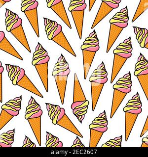 Cartoon seamless vanilla and strawberry ice cream pattern with twisted soft serve ice cream cones on white background. Retro stylized fast food desser Stock Vector