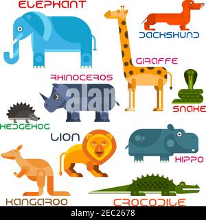 Bright cartoon icons of animals with flat silhouettes of african elephant, giraffe, lion, rhino, hedgehog, dachshund, hippo, crocodile, kangaroo and s Stock Vector