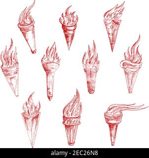 Flaming torches red sketch drawings in vintage engraving style with carved decorative elements on handles. Addition to ancient history, sporting achie Stock Vector