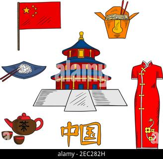 Culture traditions, cuisine and tourist attractions of China with colored sketches of national flag of China, tea set, rice and noodles dishes with ch Stock Vector